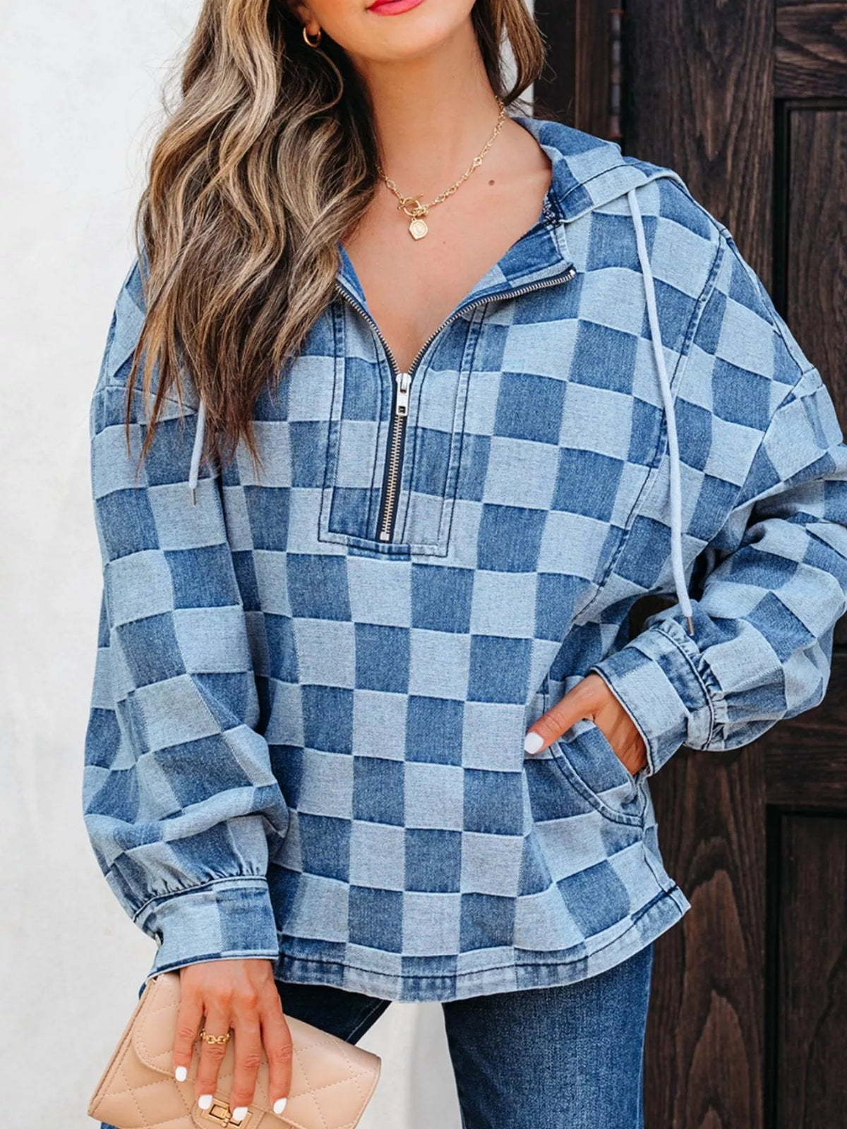 Checkered Half Zip Denim Hoodie Top — Livostyle
