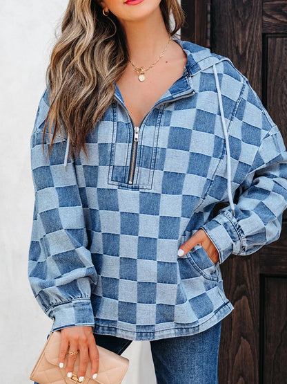 Checkered Half Zip Denim Hoodie Top — Livostyle