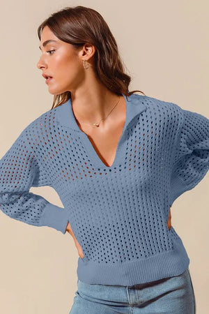 Open Knit Polo Collar Sweater with V-Neck and Long Sleeves in Denim