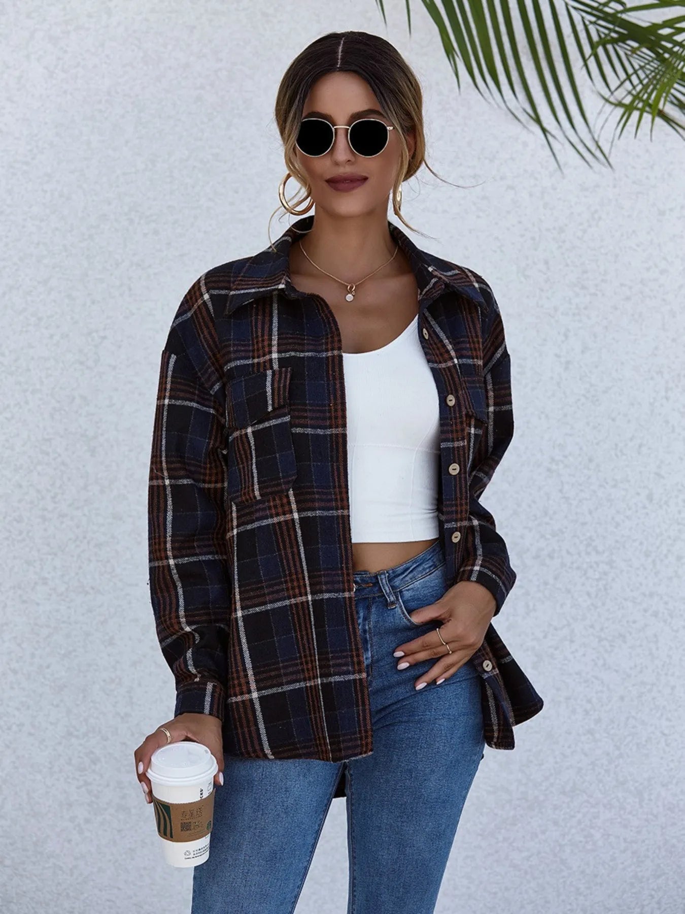 Plaid Button-Up Long Sleeve Shirt back view — Livostyle