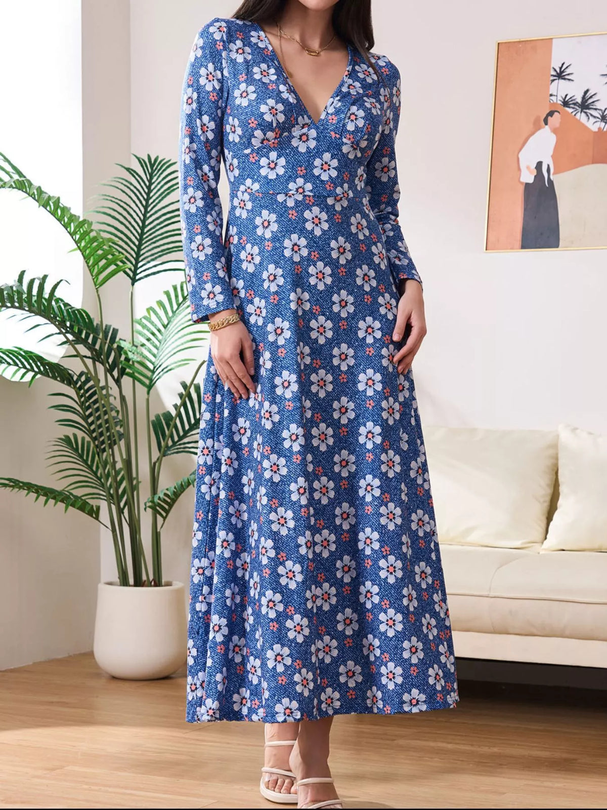 Floral Print V-Neck Long Sleeve Midi Dress – photo 4