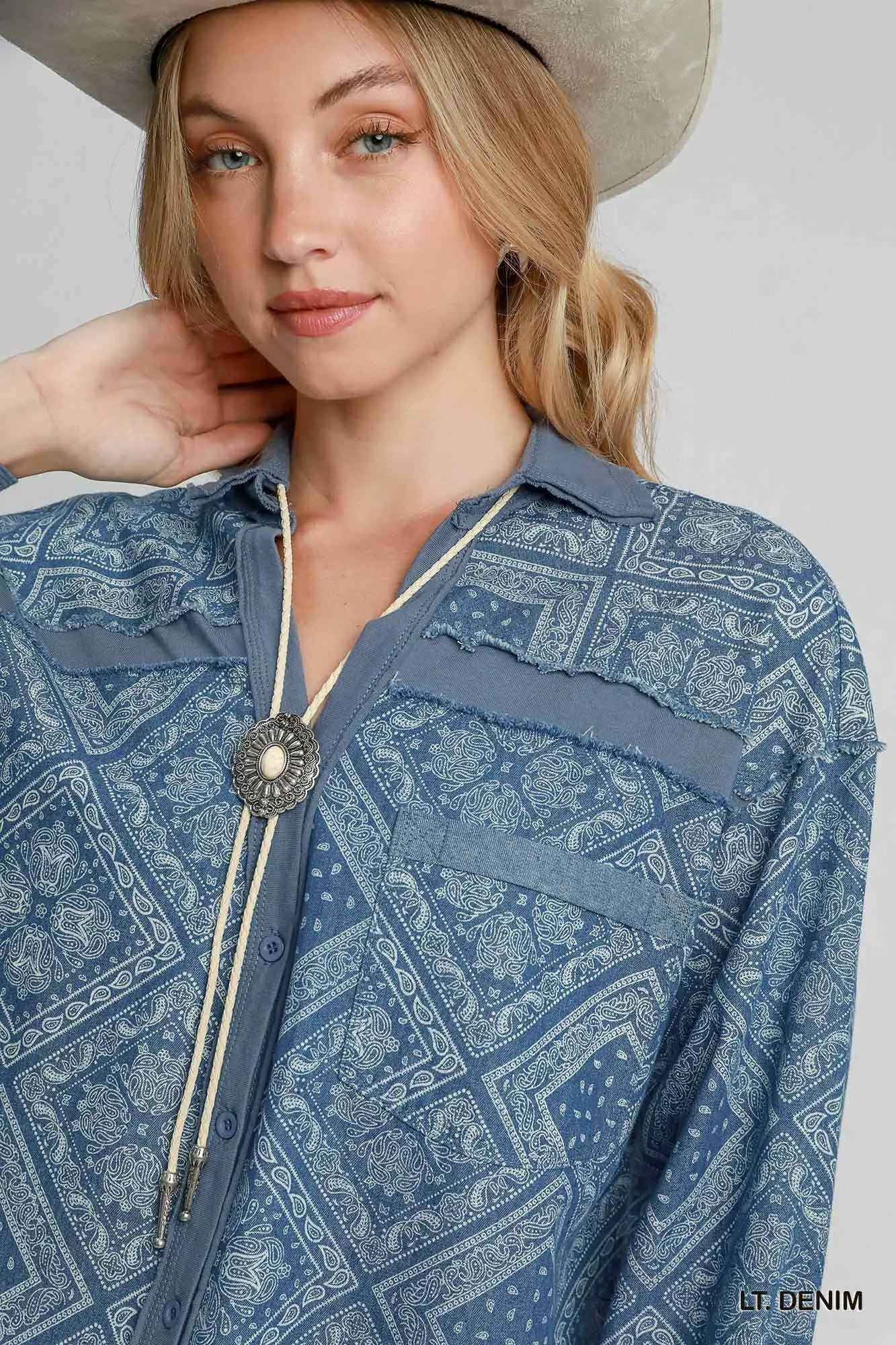 Paisley Print Denim Shirt Jacket closeup — Livostyle