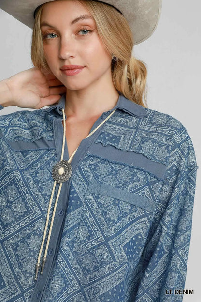 Paisley Print Denim Shirt Jacket closeup — Livostyle