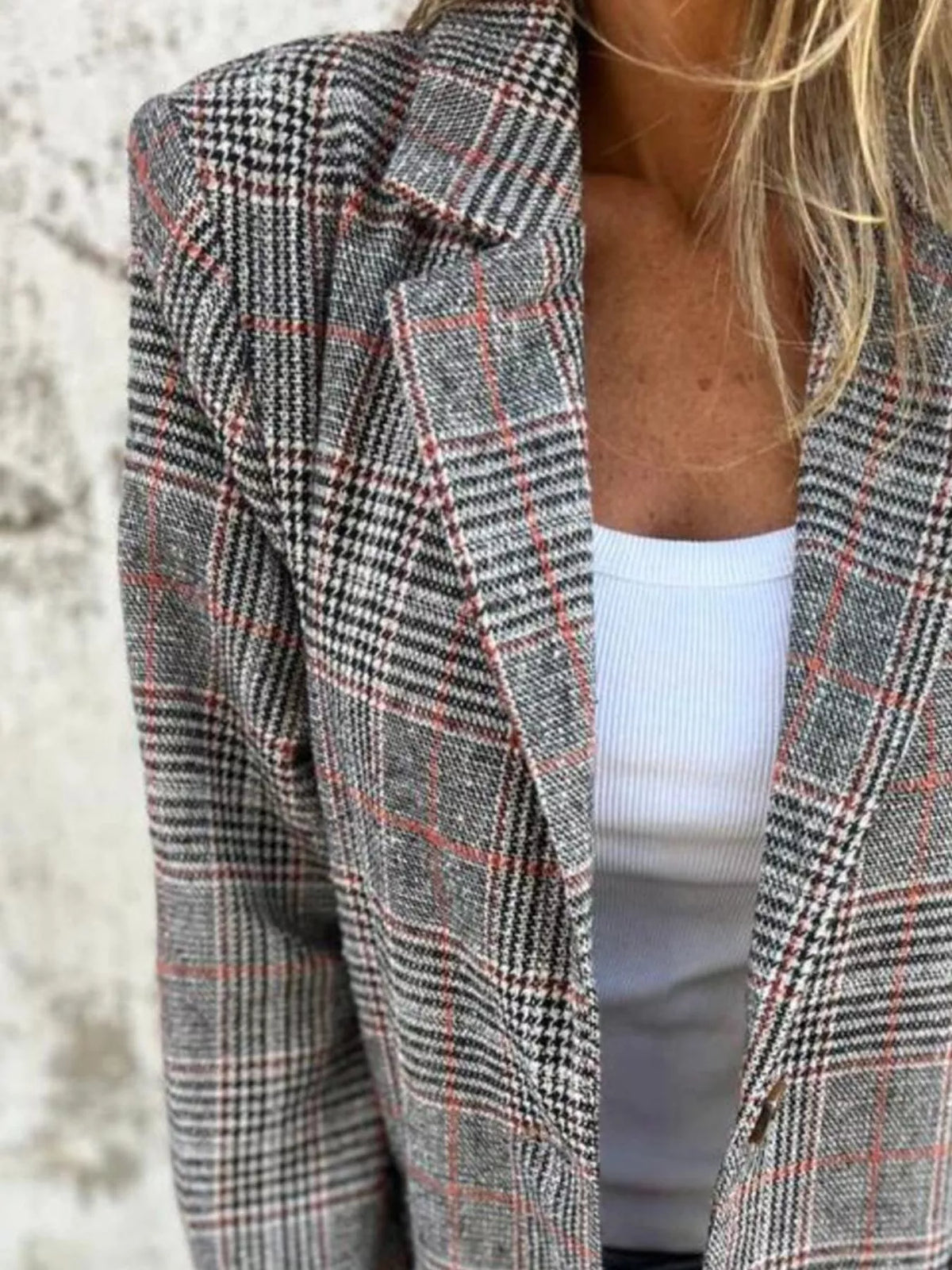 Full Size Plaid Single-Breasted Long Sleeve Blazer Plus Size closeup — Livostyle