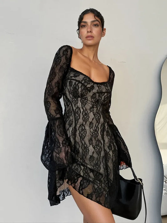 Lace Sweetheart Neck Flare Sleeve Mini Dress detail — Livostyle