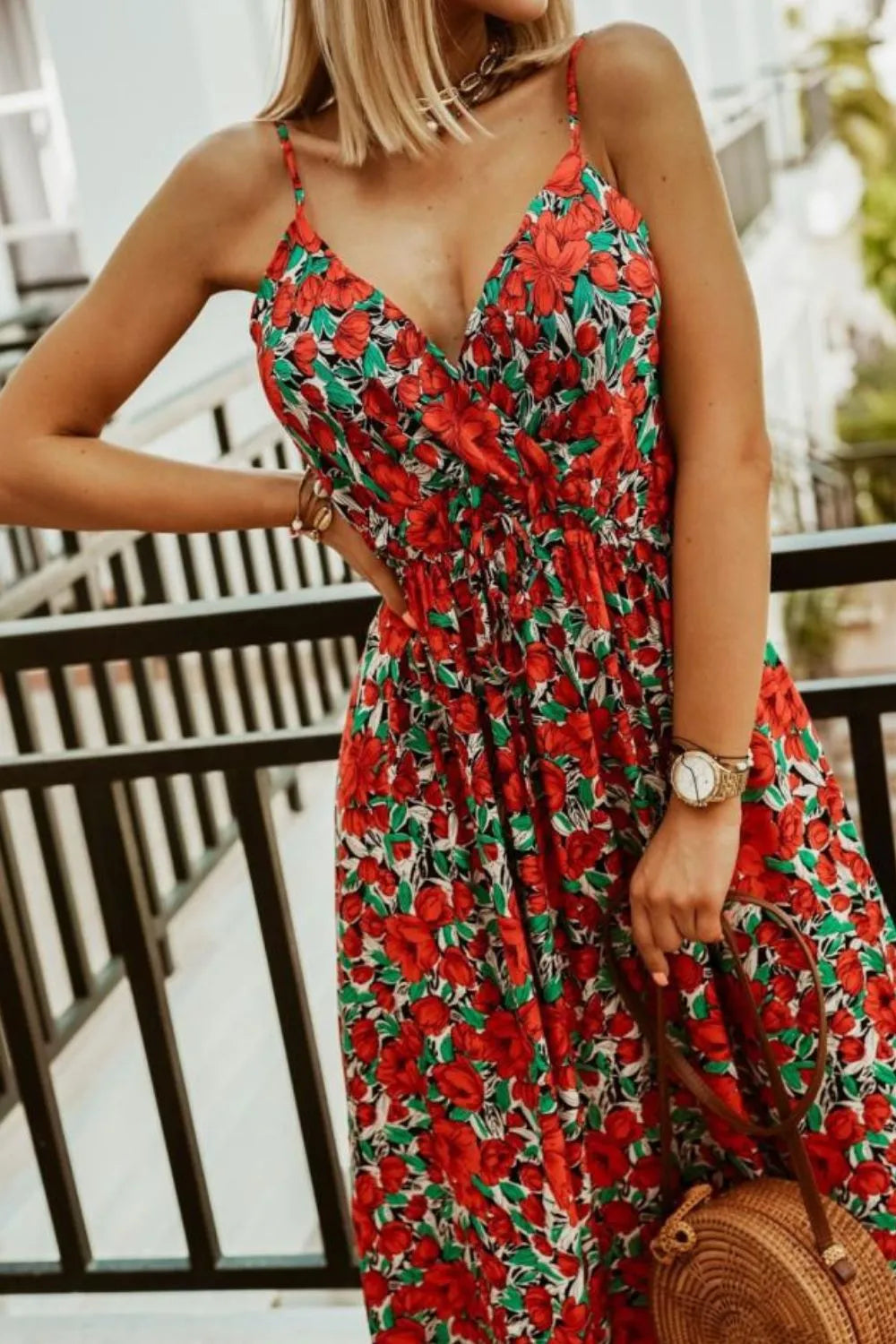 Printed Smocked Ruched Spaghetti Strap Maxi Dress in Red Flower