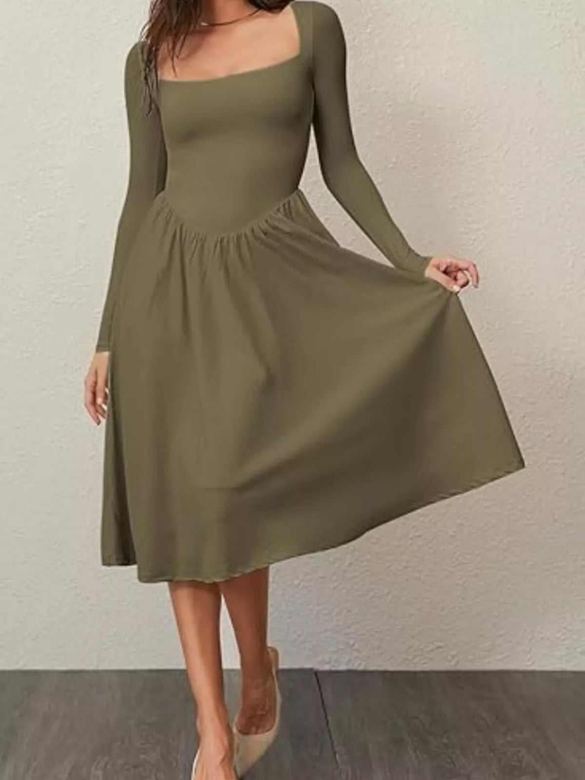Square Neck Long Sleeve Midi Dress in Cotton Blend – photo 14