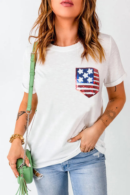Sequin US Flag Round Neck Short Sleeve T-Shirt in White