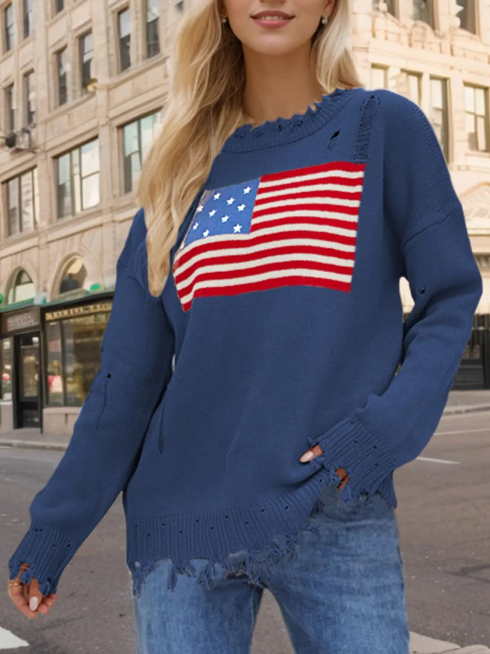 US Flag Distressed Round Neck Long Sleeve Sweater closeup — Livostyle