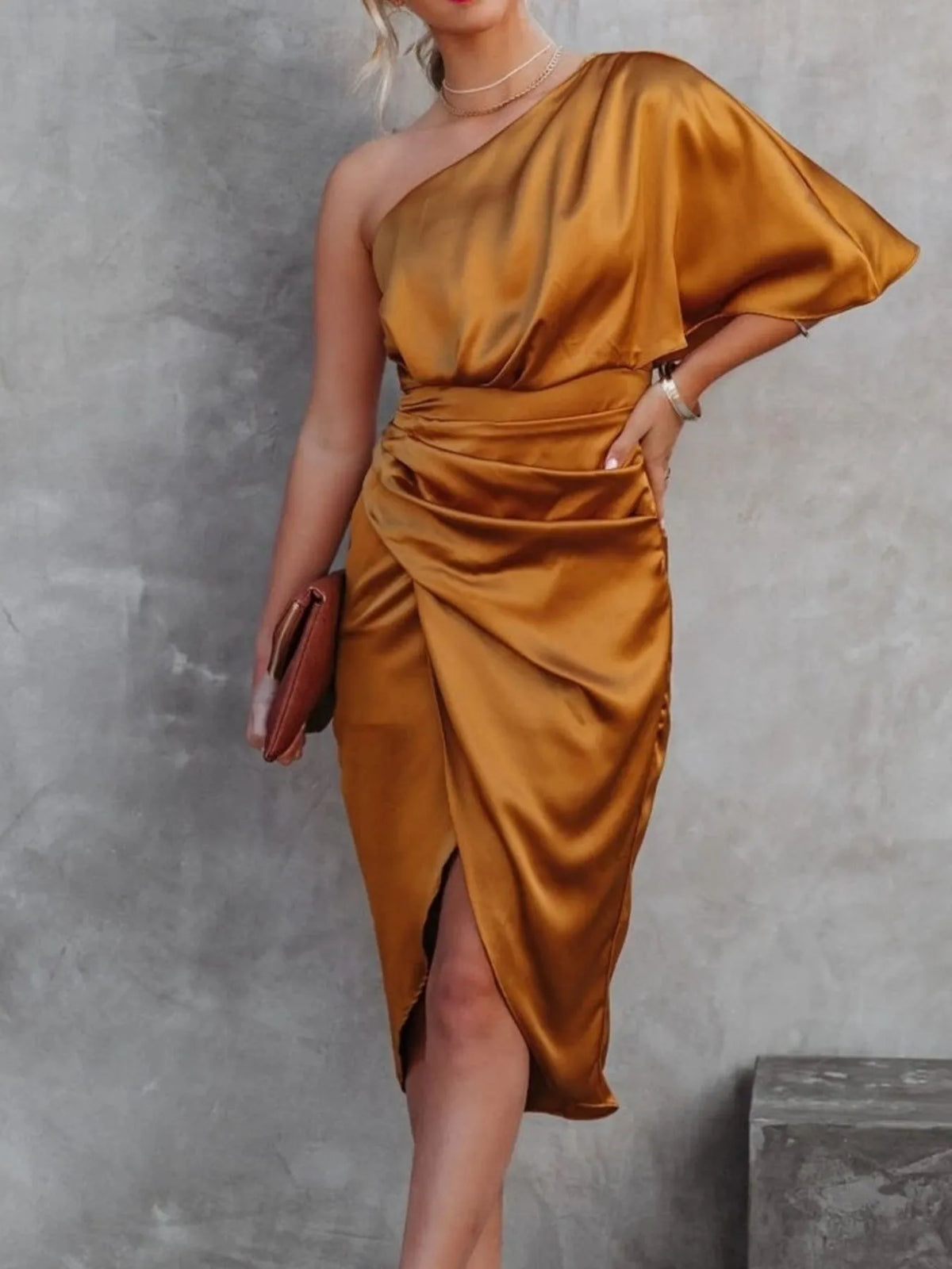 One-Shoulder Satin Wrap Dress with Side Slit – photo 5