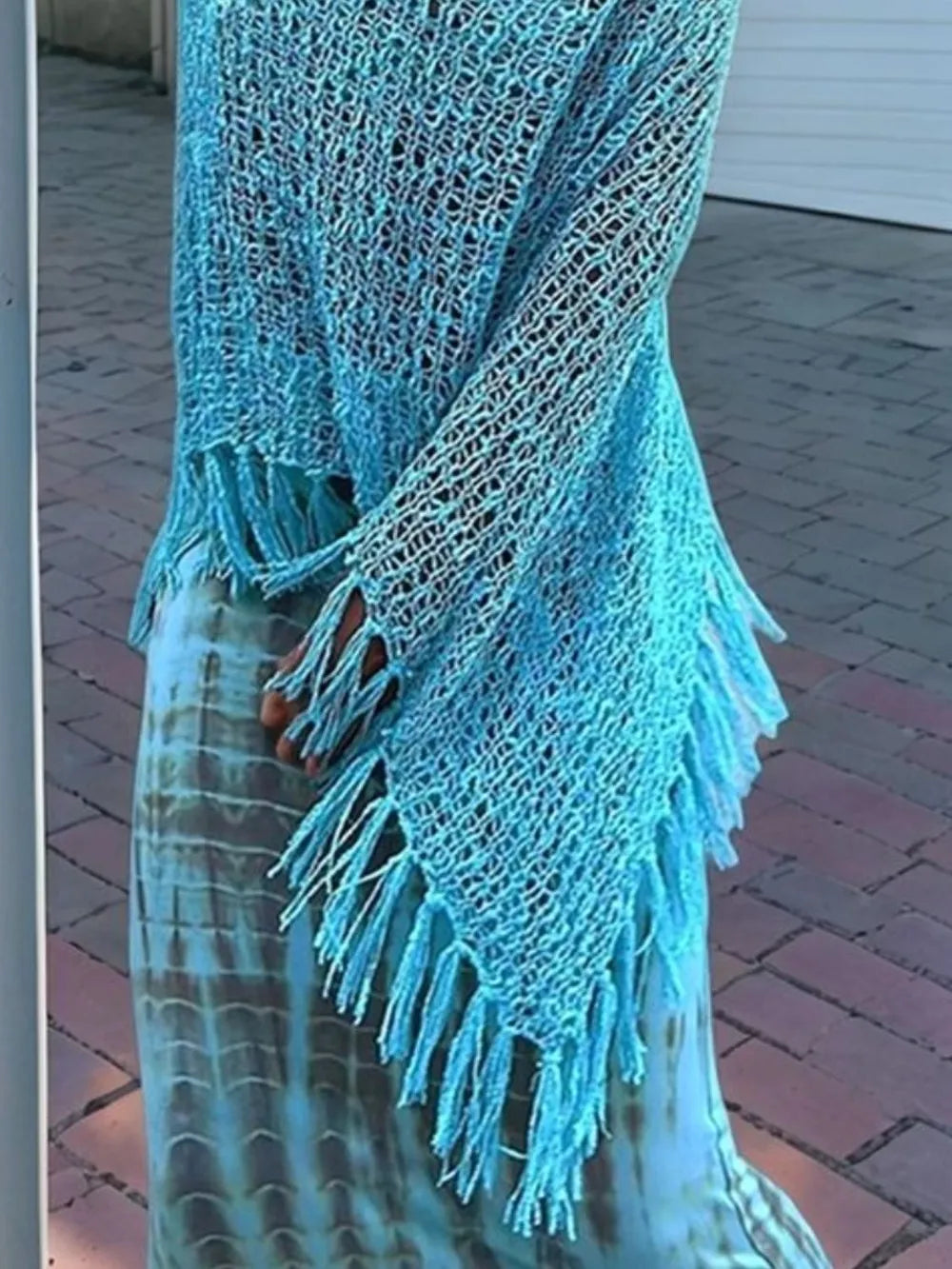 Tassel Boat Neck Knit Shawl back view — Livostyle