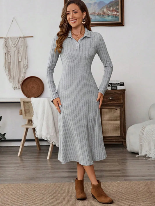 Collared Neck Long Sleeve Midi Dress in Gray