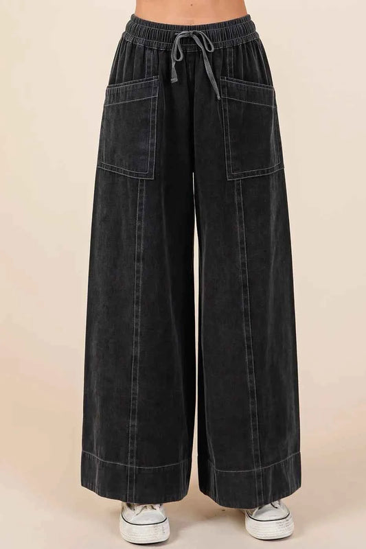 Mittoshop Mineral Wash Wide Leg Elastic Waist Twill Pants
