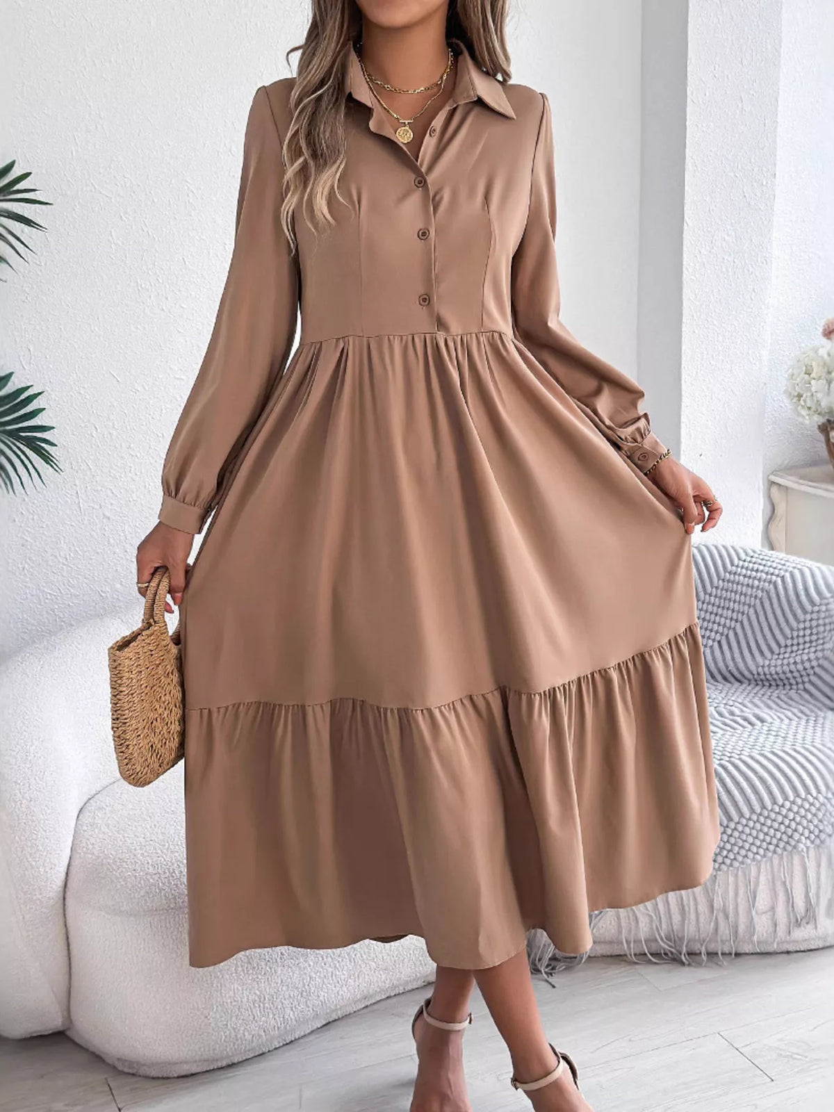 Long Sleeve Tiered Button-Front Midi Dress in Khaki