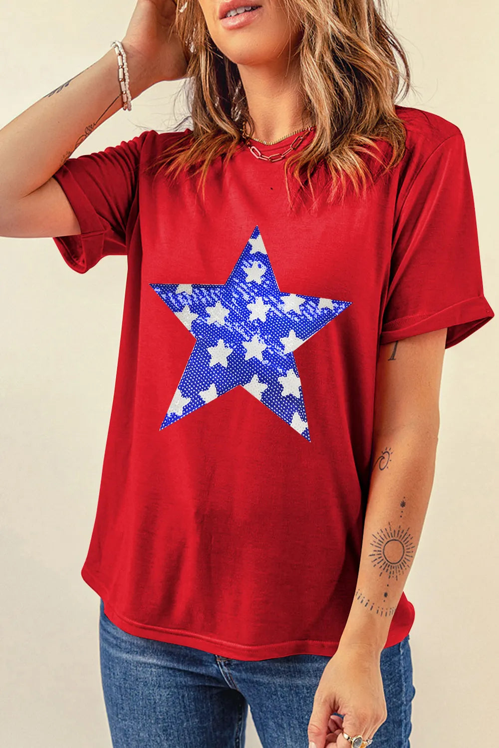 Sequin Star Round Neck Short Sleeve T-Shirt detail — Livostyle