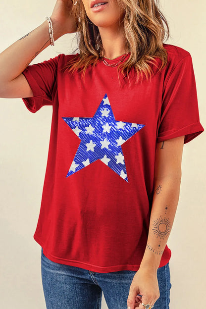 Sequin Star Round Neck Short Sleeve T-Shirt detail — Livostyle