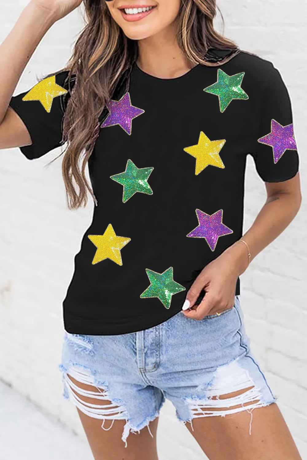 Sequin Stars Patched Round Neck T-Shirt styling — Livostyle