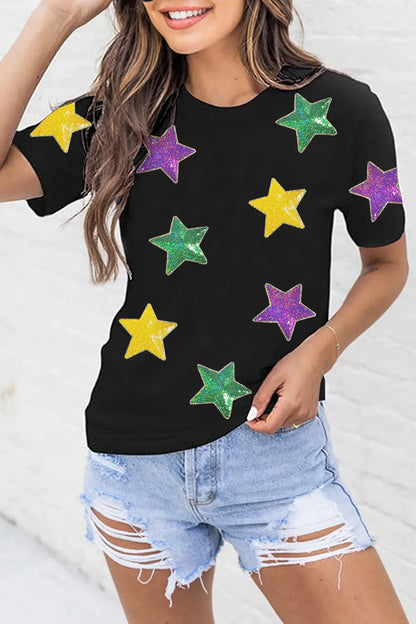 Sequin Stars Patched Round Neck T-Shirt styling — Livostyle