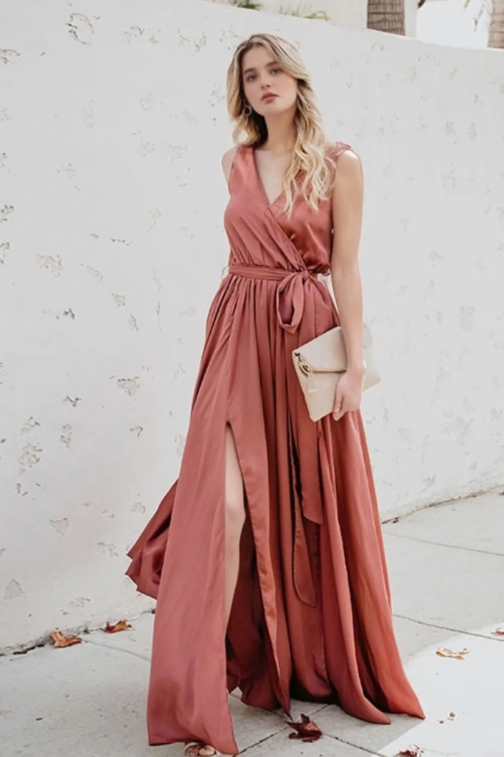 Surplice Tie Waist Maxi Dress in Dusty Pink