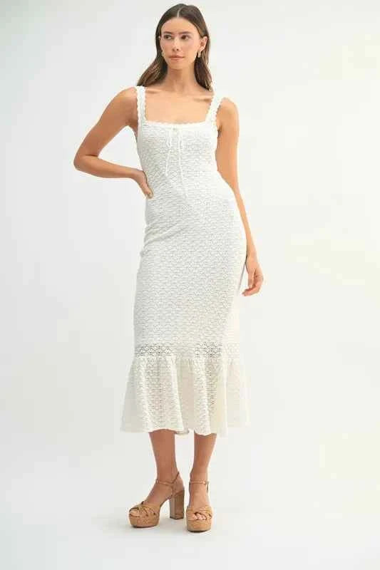 MABLE Ruffled Hem Sleeveless Crochet Knit Midi Dress