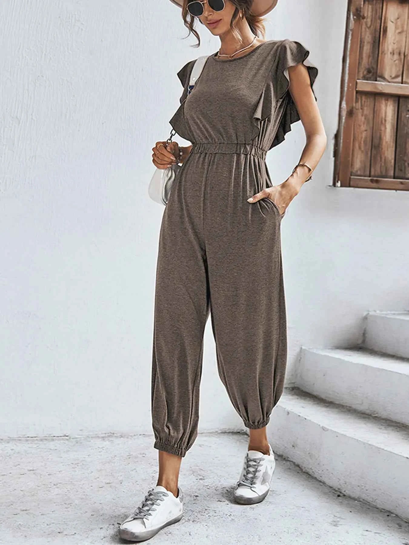 Flutter Sleeve Elastic Waist Jumpsuit