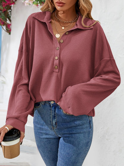 Elegant Long-Sleeve Half-Button Collared Top — Livostyle
