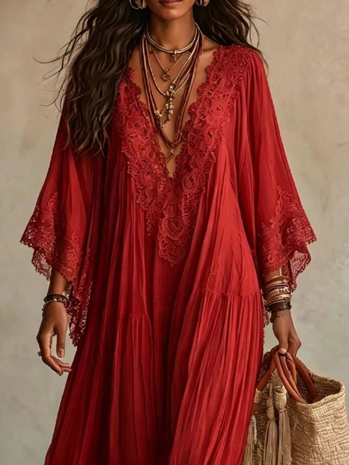 Lace Trim Tiered V-Neck Maxi Dress – photo 12