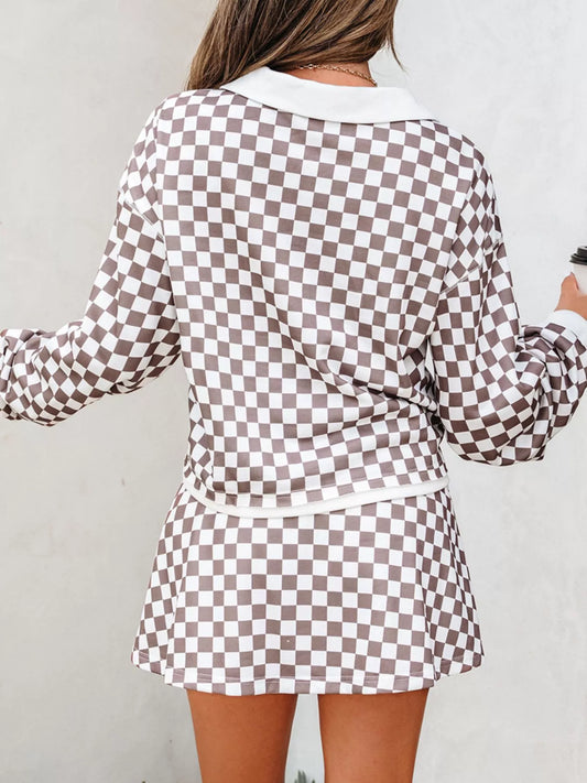 Checkered Print Polo Collar Cropped Long Sleeve Top and Drawstring Mini Skirt Set detail — Livostyle