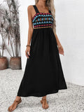 Embroidered Floral Side Slit Sleeveless Midi Dress in Black