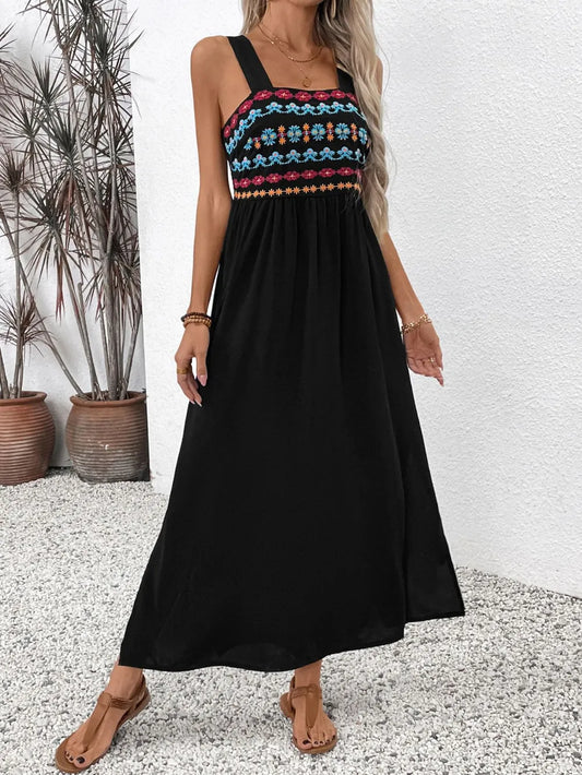 Embroidered Floral Side Slit Sleeveless Midi Dress in Black