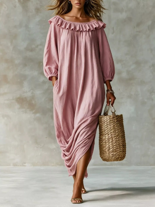 Ruffled Boat Neck Ruched Midi Dress in Dusty Pink