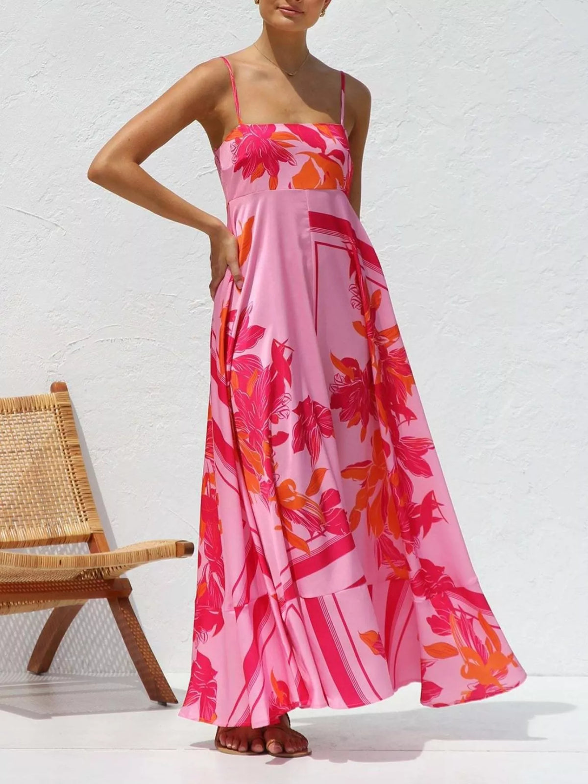 Printed Spaghetti Strap Maxi Dress in Hot Pink