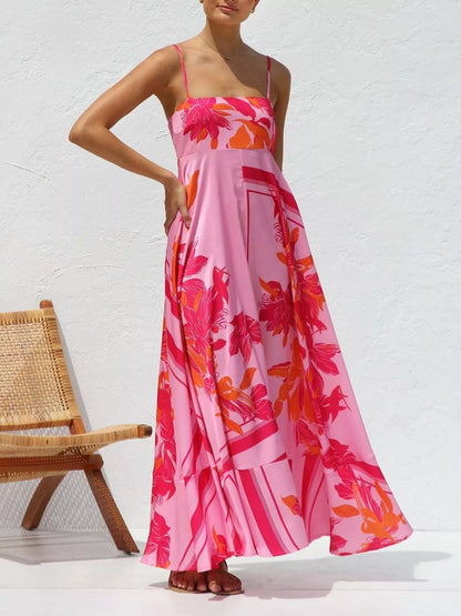 Printed Spaghetti Strap Maxi Dress in Hot Pink