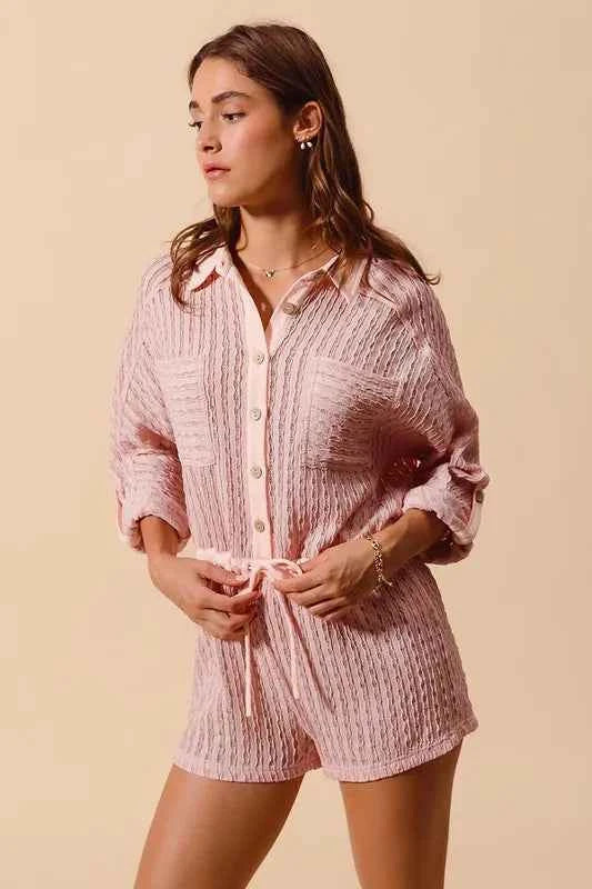 SO ME Textured Knit Button Front Romper
