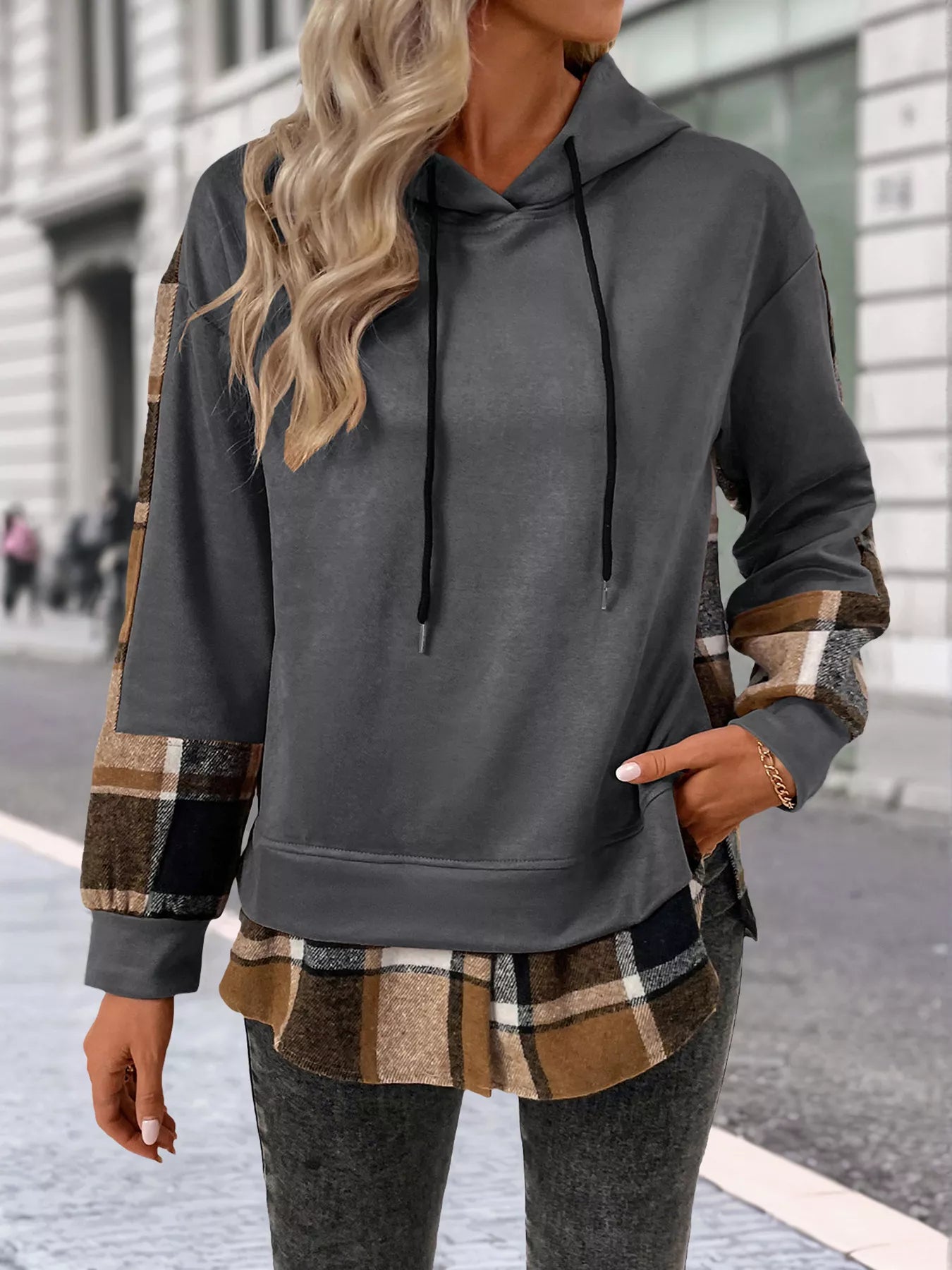 Plaid Drawstring Long Sleeve Hoodie back view — Livostyle