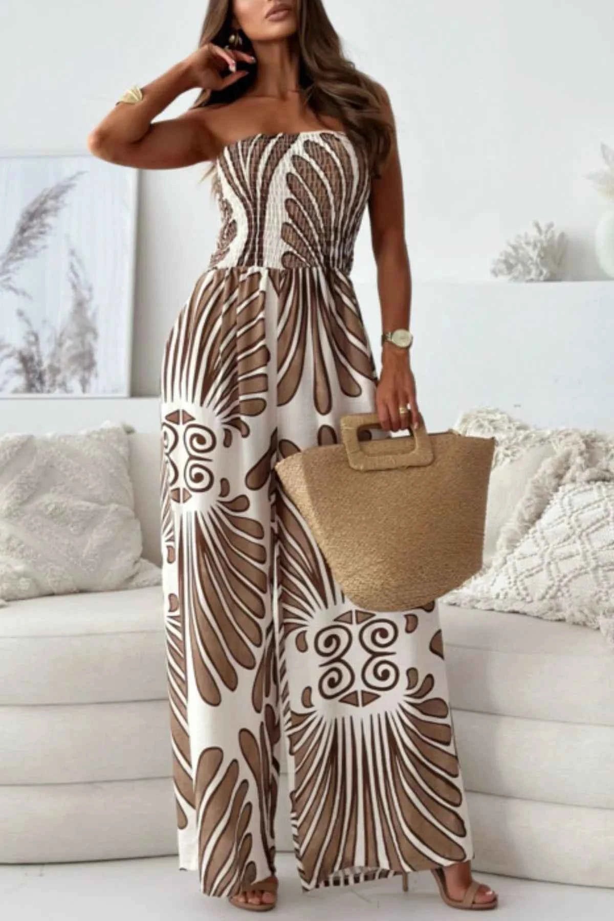 Printed Smocked Tube Wide Leg Jumpsuit