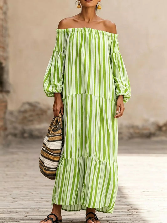 Off-Shoulder Striped Maxi Dress in Lime