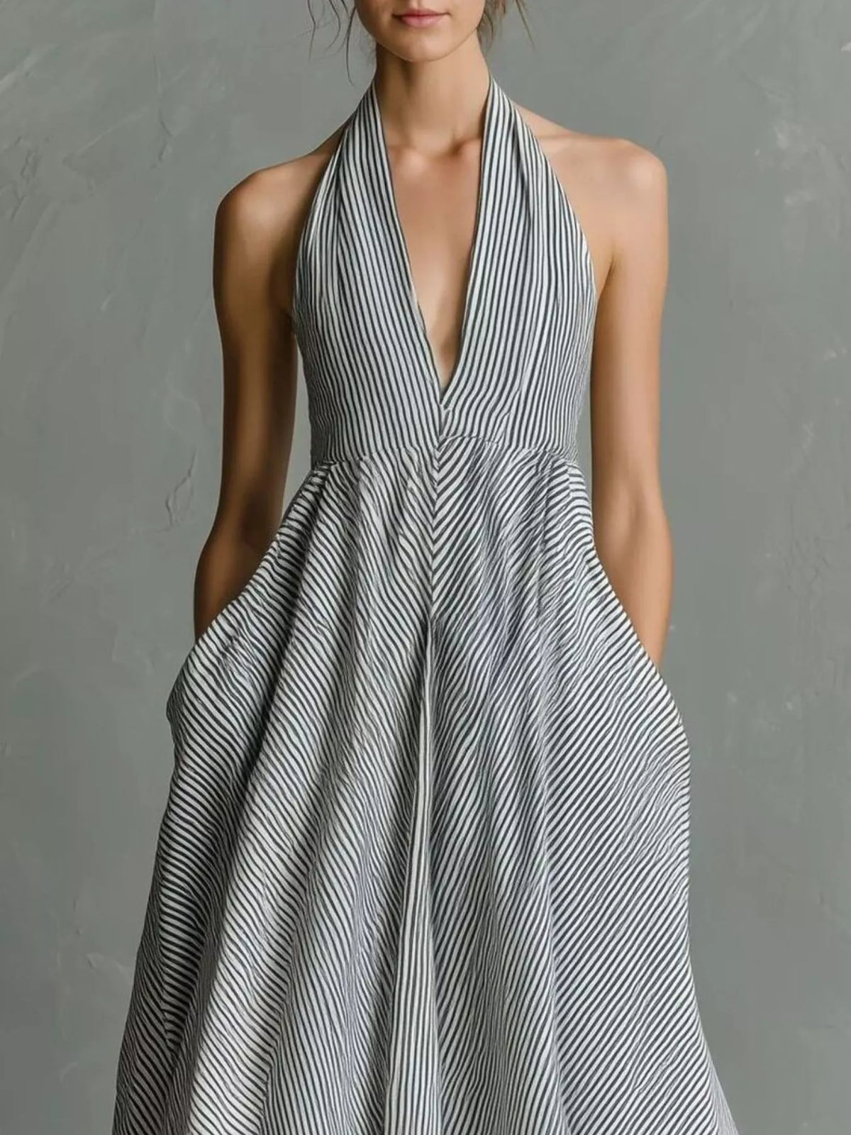 Striped Halter Neck Maxi Dress with Pockets – Plus Size