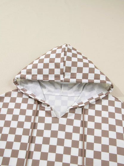 Checkered Pattern Oversized Drawstring Hoodie styling — Livostyle