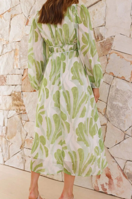Printed V-Neck Ruched Long Sleeve Midi Dress