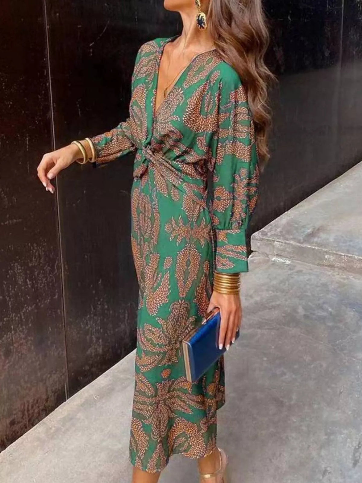 Printed V-Neck Long Sleeve Twisted Midi Dress – Plus Size in Dark Green