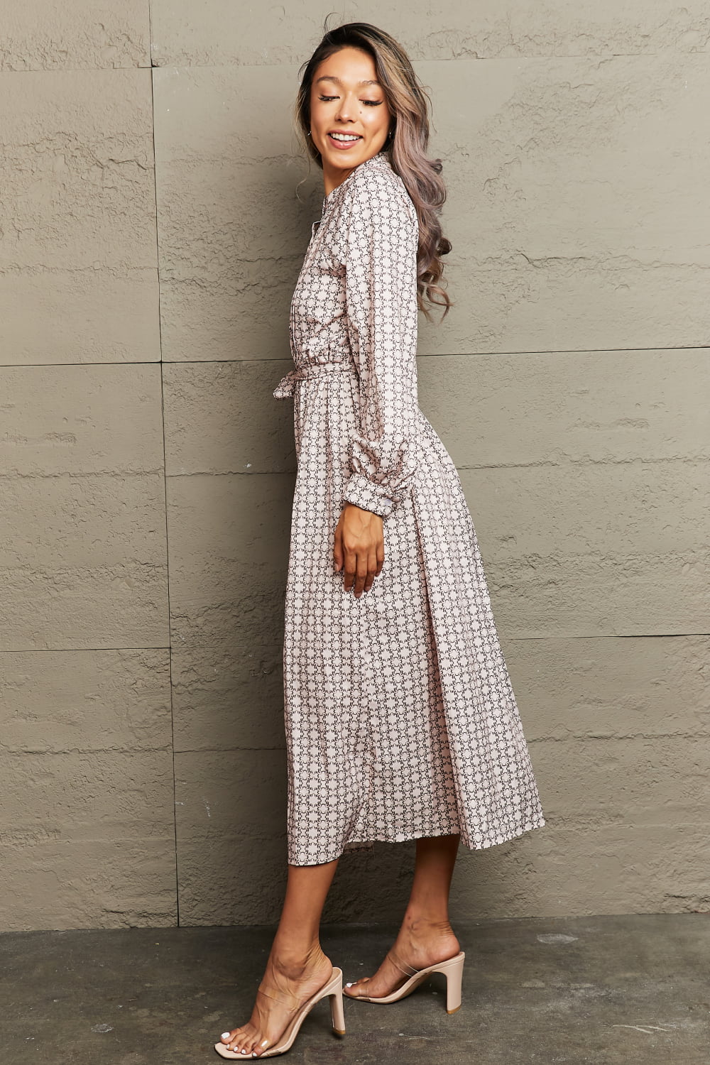 Printed Tie Waist Long Sleeve Midi Dress – photo 2