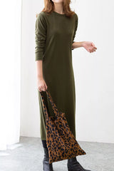 Casual Long Sleeve Midi Dress in Army Green