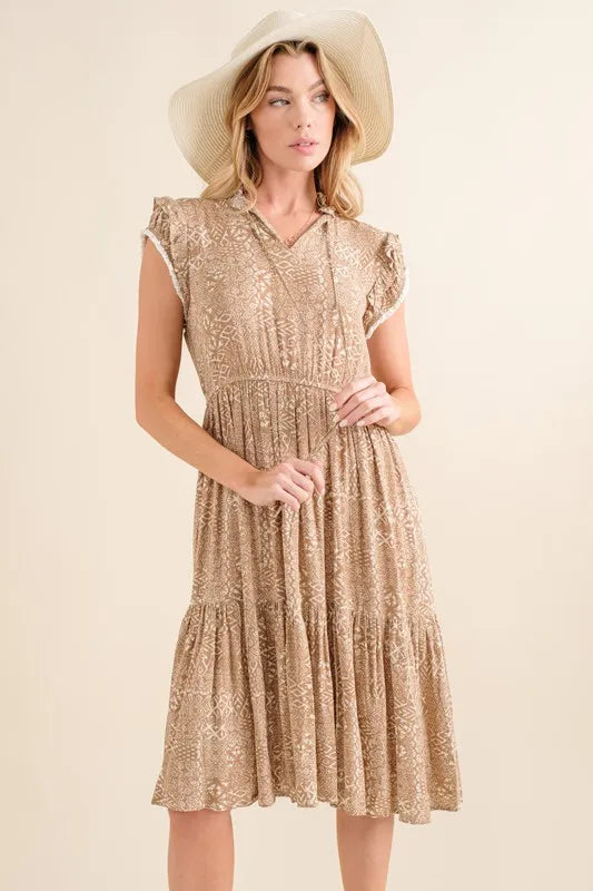 Boho Printed Tiered Maxi Dress in Taupe