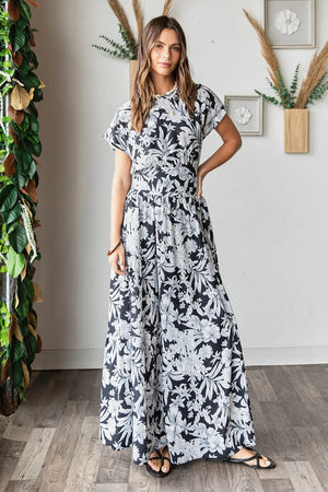 Tropical Print Top and Skirt Set with Ruffle Detail in Black