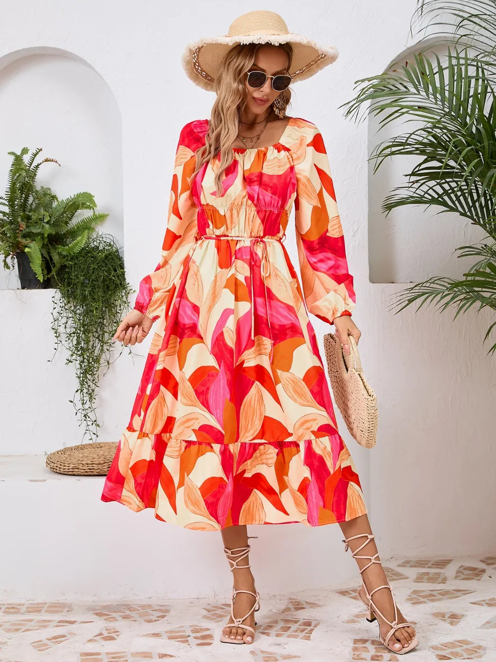 Printed Long Sleeve Midi Dress with Tie Detail in Orange
