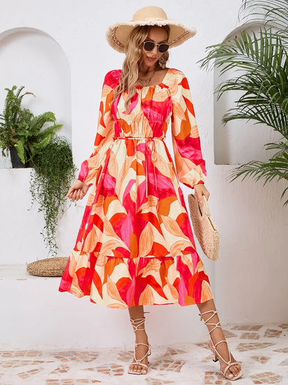 Printed Long Sleeve Midi Dress with Tie Detail in Orange