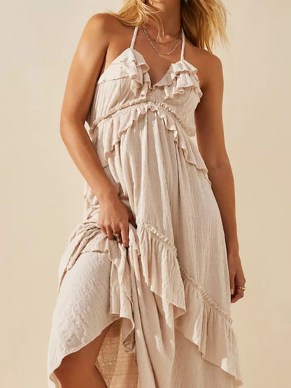 Ruffled Halter Neck Tie Maxi Dress in Beige