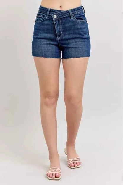 High Waist Criss-Cross Waistband Denim Shorts – Plus Size in Dk