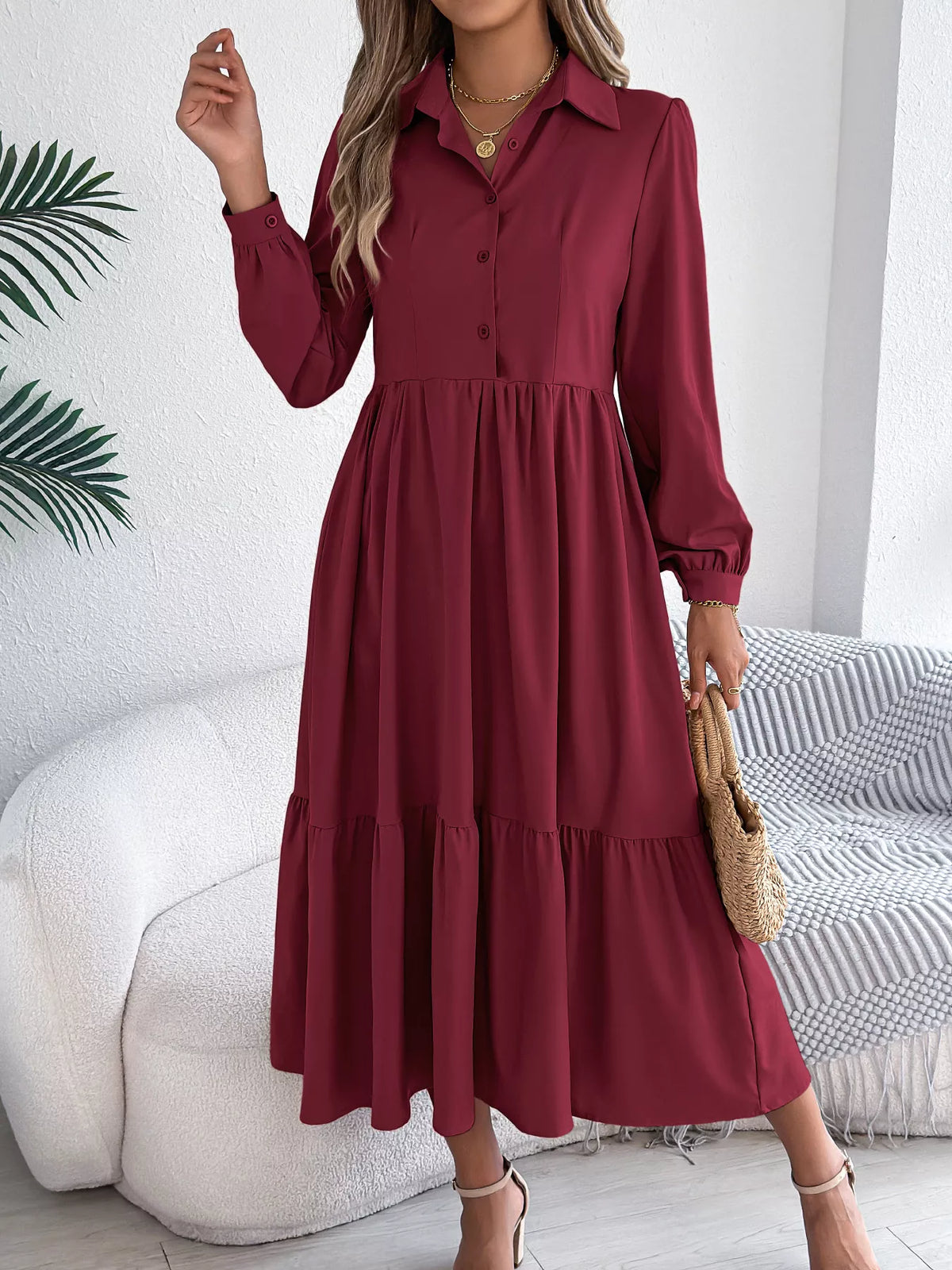 Long Sleeve Tiered Button-Front Midi Dress – photo 23
